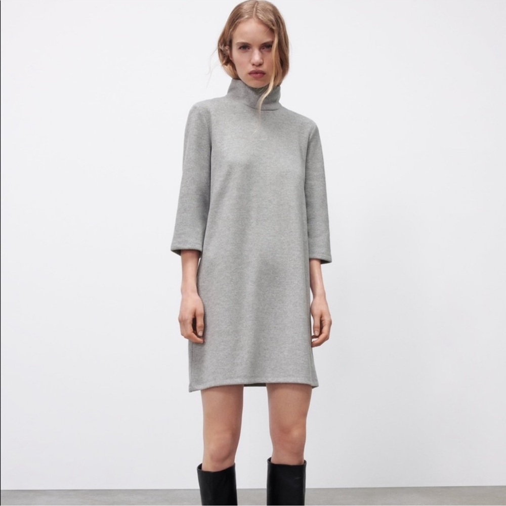 Zara NWT Gray Sheath Dress with 3/4 Sleeves and Turtle Neck Collar Size Large
